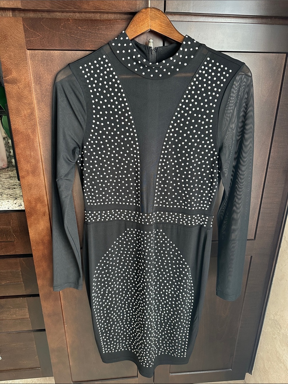 Black Long-Sleeve Studded Mesh Sheath Dress